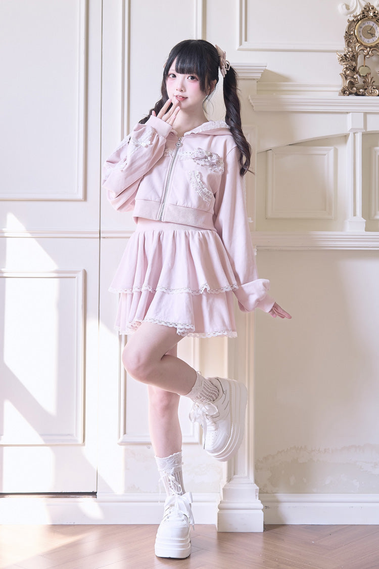 Hooded Bow Lace Hoodie & Skirt - Jirai Kei Set