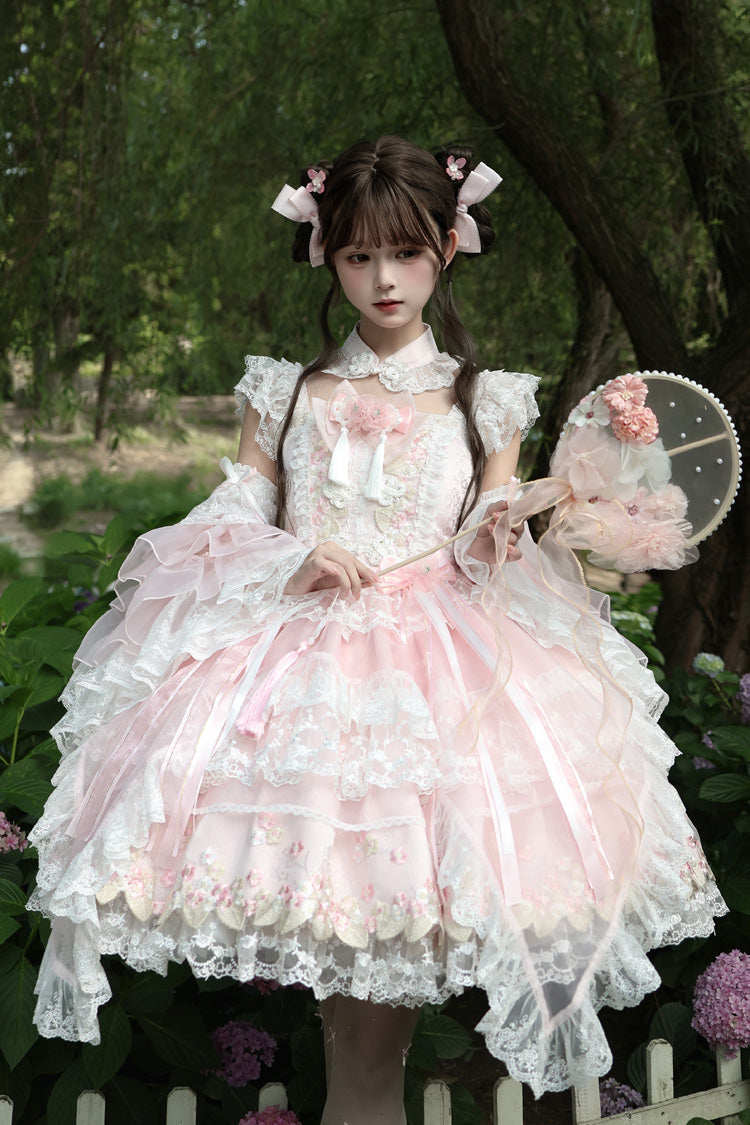 Spring Entwined with Cherry Clouds Short Sleeves Embroidered Bow Lace Sweet Chinese Style Lolita Dress - Pink