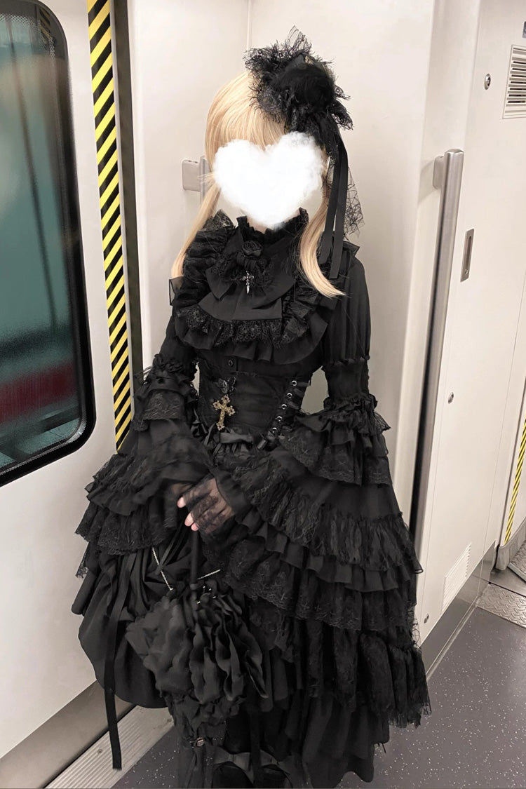 Black Eternal Taboo Long Hime Sleeves Ruffled Bow Gothic Skirt Dress Set