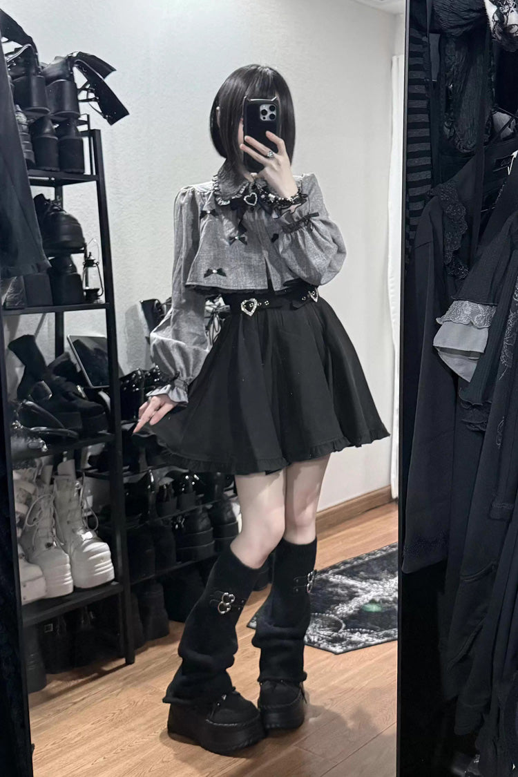 Double Heart Buckle Long Sleeve Ruffled Jirai Kei Set