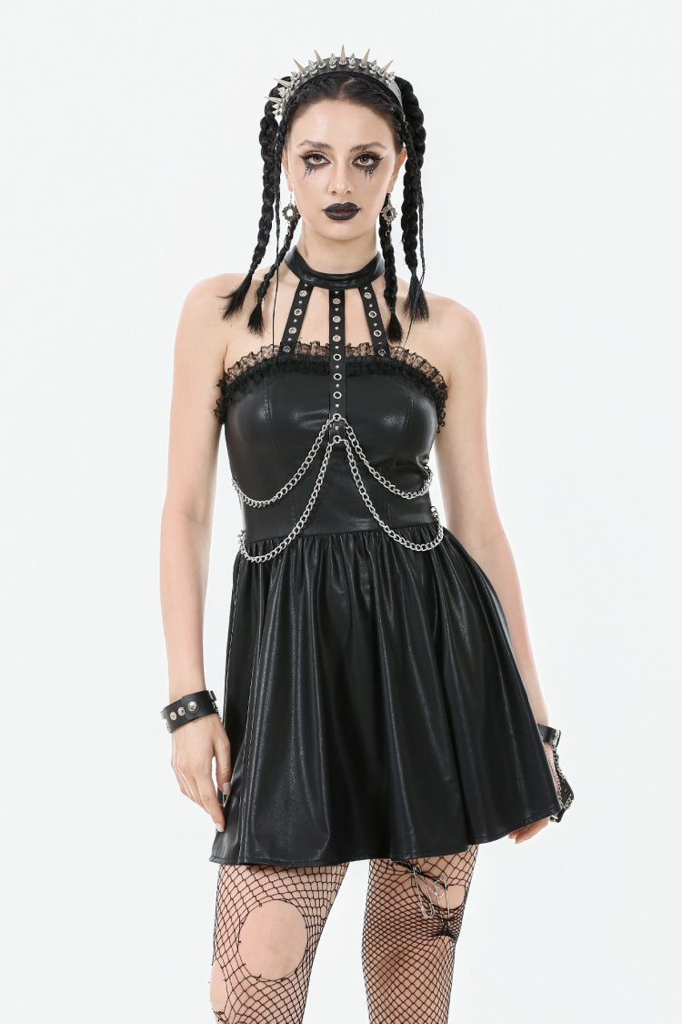 Halterneck Zippered Chain-Decorated Eyelet Punk Faux Leather Dress
