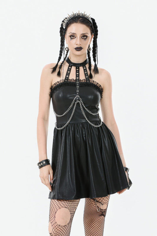 Halterneck Zippered Chain-Decorated Eyelet Punk Faux Leather Dress