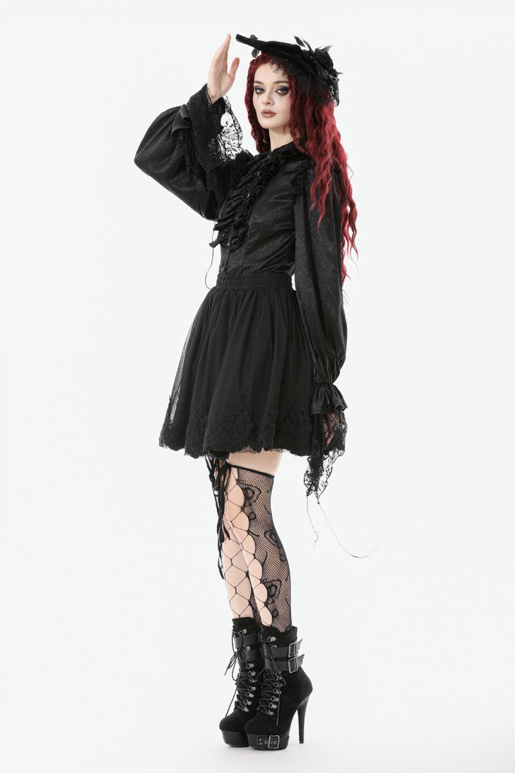 Jet-Black Gothic Blouse with Lantern Sleeves and Ruffled Lace