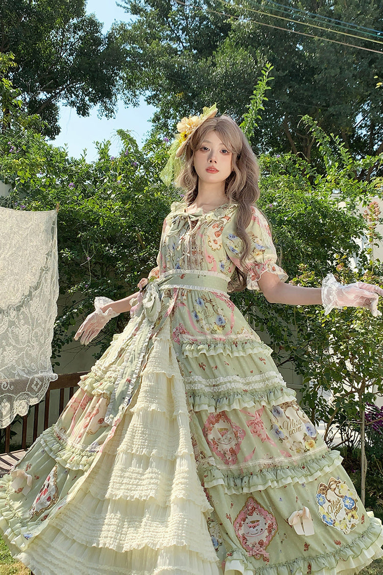 Green Short Sleeve Print Ruffle Cardigan Bowknot Gorgeous Dress