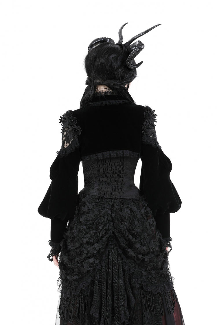 Jet-Black Gothic Cape with Velvet Panels and Lantern Sleeves