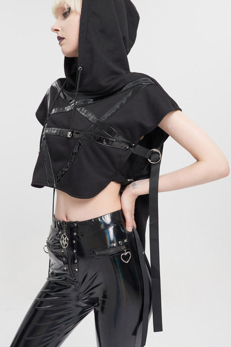 Punk Hoodie Tee with Pentagram Print and Leather Accents