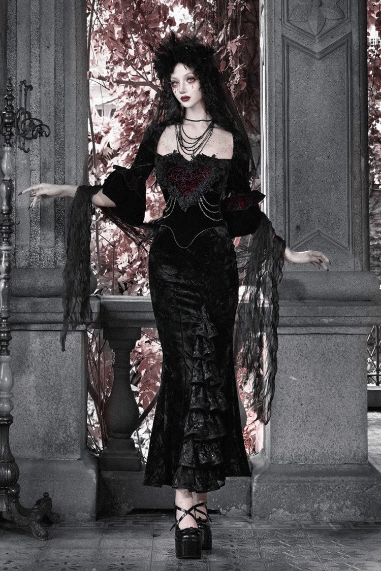 Square-Collar Embroidered Mermaid Gothic Dress in Black