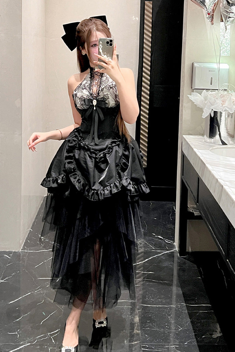 Black Asymmetric Lace Skirt Set - Ruffle Bow Gothic