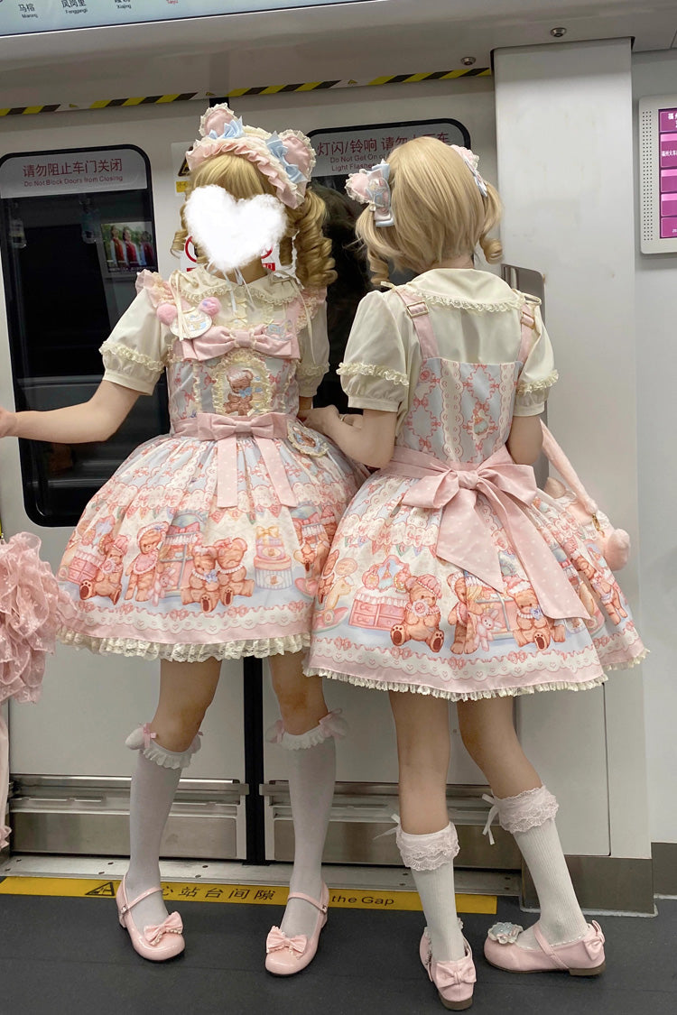 Bear Anniversary Celebration Sleeveless Printed Ruffled Bow Sweet Lolita Tank Dress Two Colors