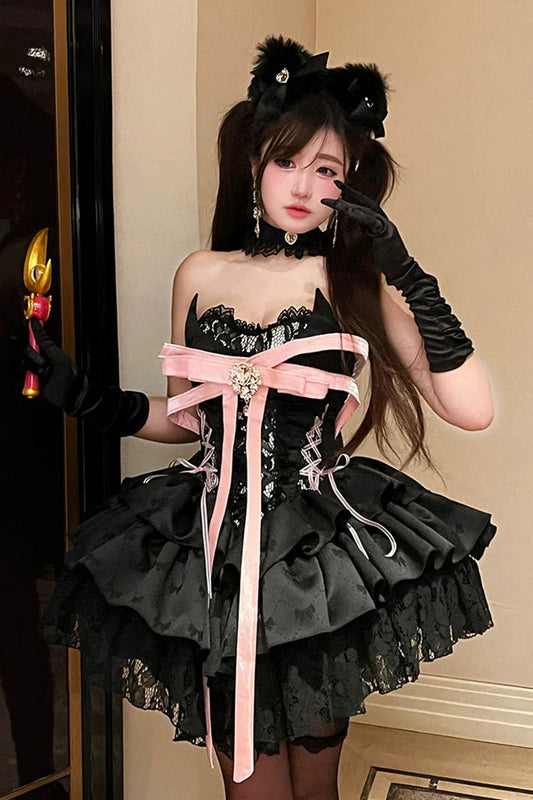 Princess Ballet Gothic Lolita JSK Dress with Ruffled Bow and Lace-Up - Black