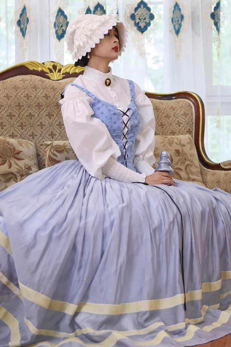 Light Blue Puffed Sleeve Corset Dress with Lace-Up and Fishbone Detail
