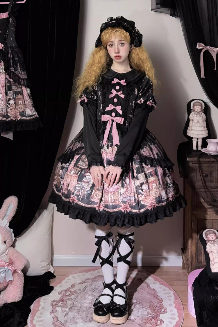 Black Missing Lamb Printed Long Sleeved Ruffled Bow Lace Gothic Lolita Dress