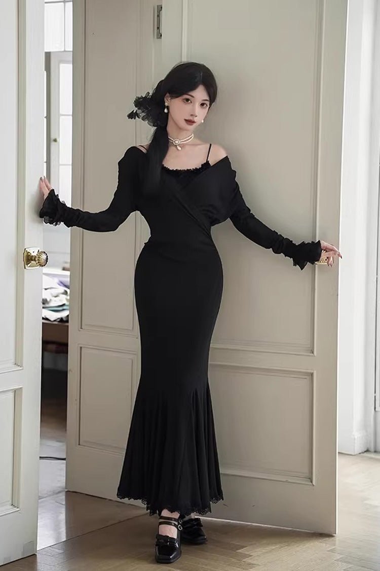 Slim Gothic Fishtail Dress with Stretch Knit - Black