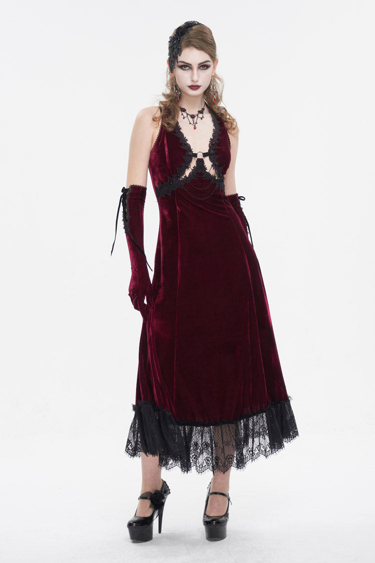 Crimson Lace-Up Hem Slip Gothic Dress