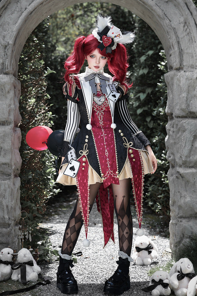 Black/Red Stand Collar Gothic Dress Set with Jacquard