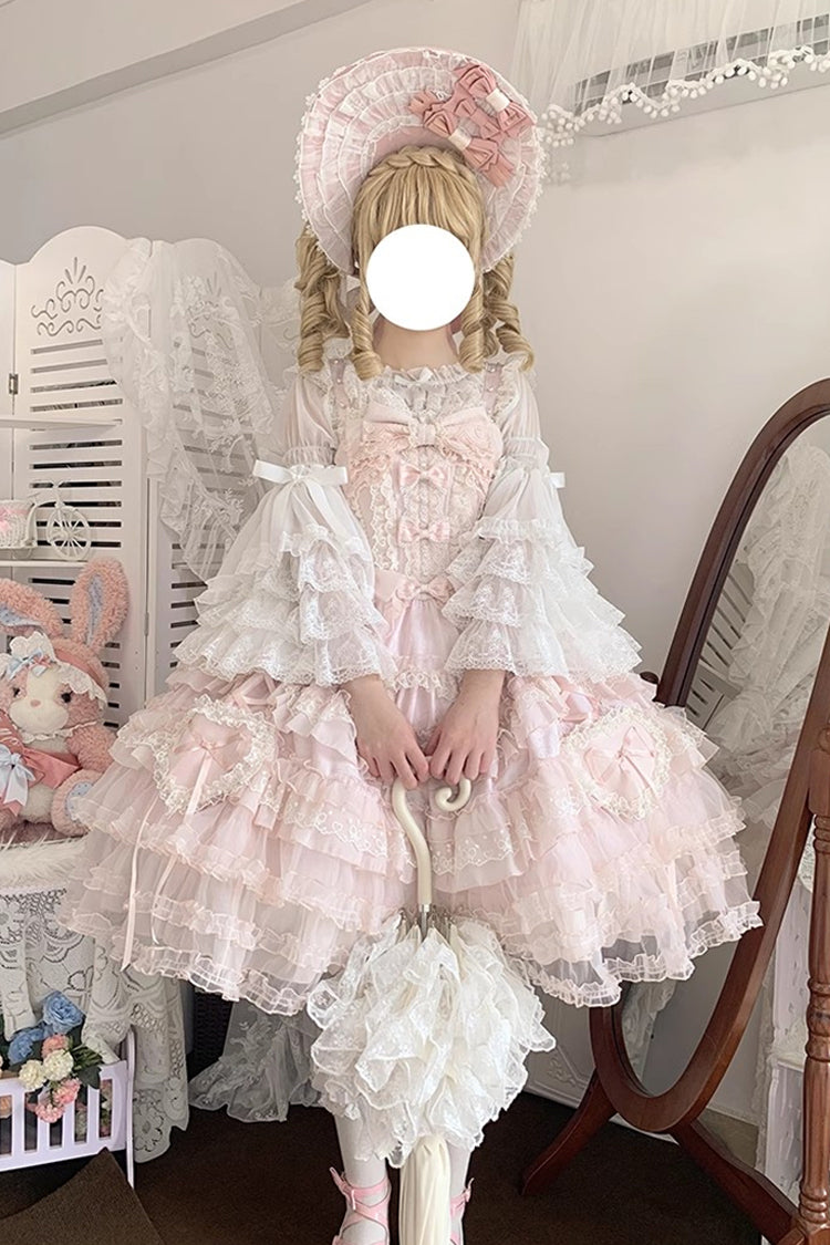 Pink Multi-Layered Ruffled Hanayome Embroidered Bow Lace Sweet JSK - Sweetheart Diary