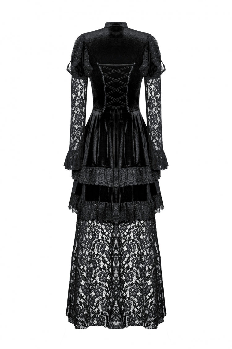 Jet-Black Gothic Evening Dress with Cutout Lace and Velvet Corset