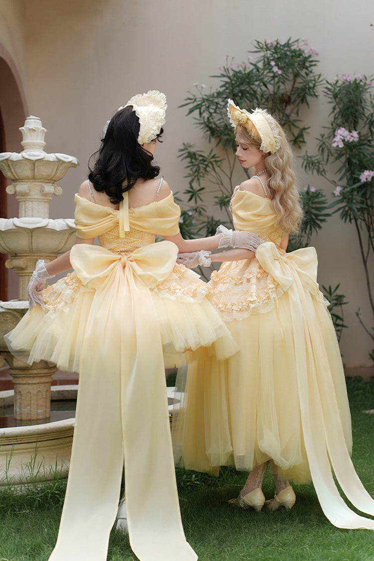 Yellow Off Shoulder Sweet Skirt with Lace and Bow - Sissi's Pilgrimage