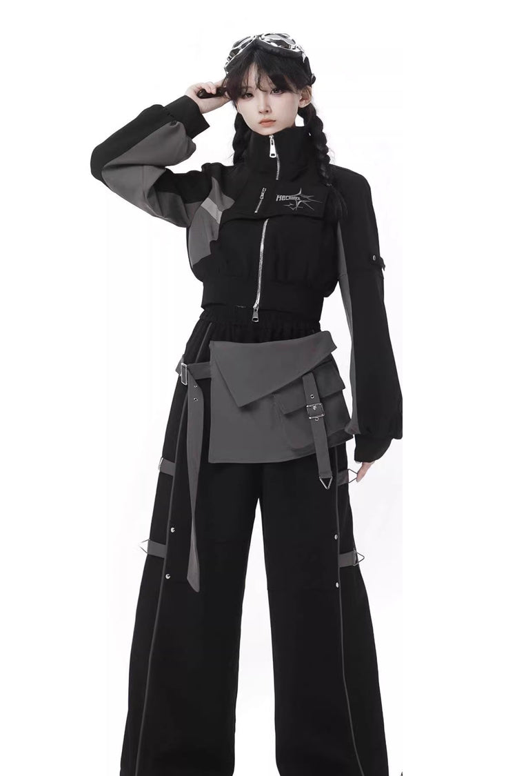 Holographic Techwear Spliced Zippered Gothic Pants Coat Set