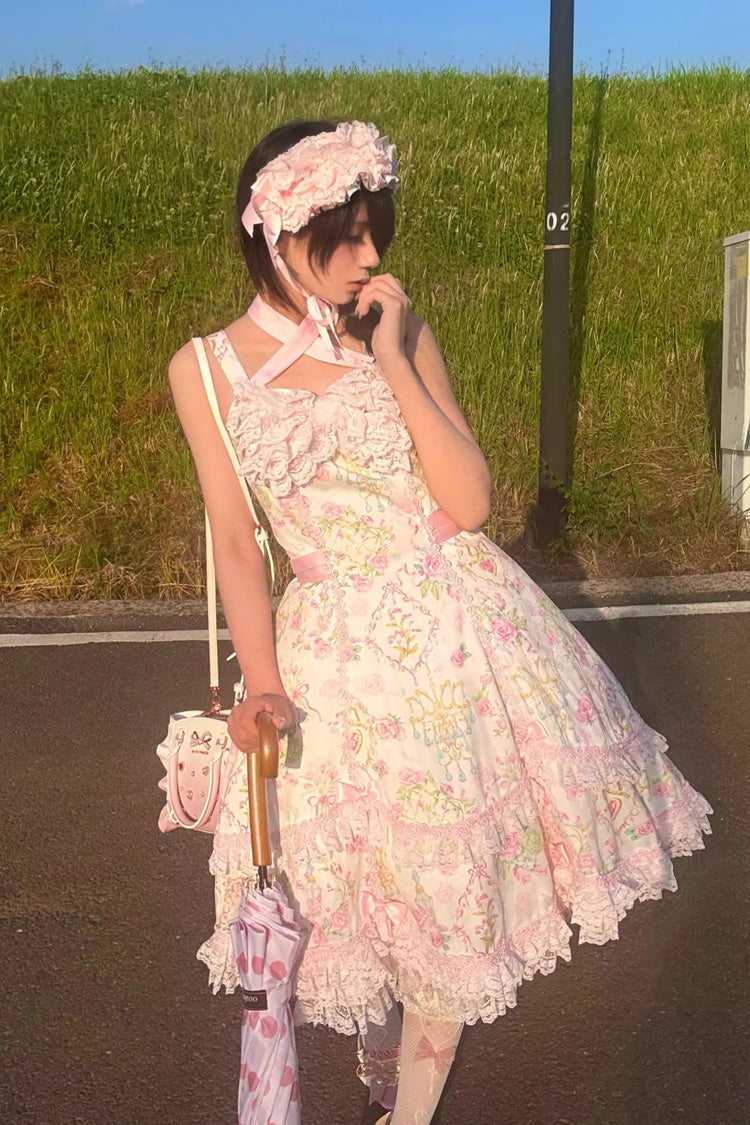 Ivory & Pink Sleeveless Floral Wall Print Lace Bow Sweet Lolita JSK Dress