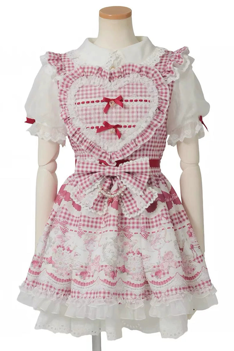 Lapel Collar Bow Print Short Sleeve Plus Size Jirai Dress in Three Colors