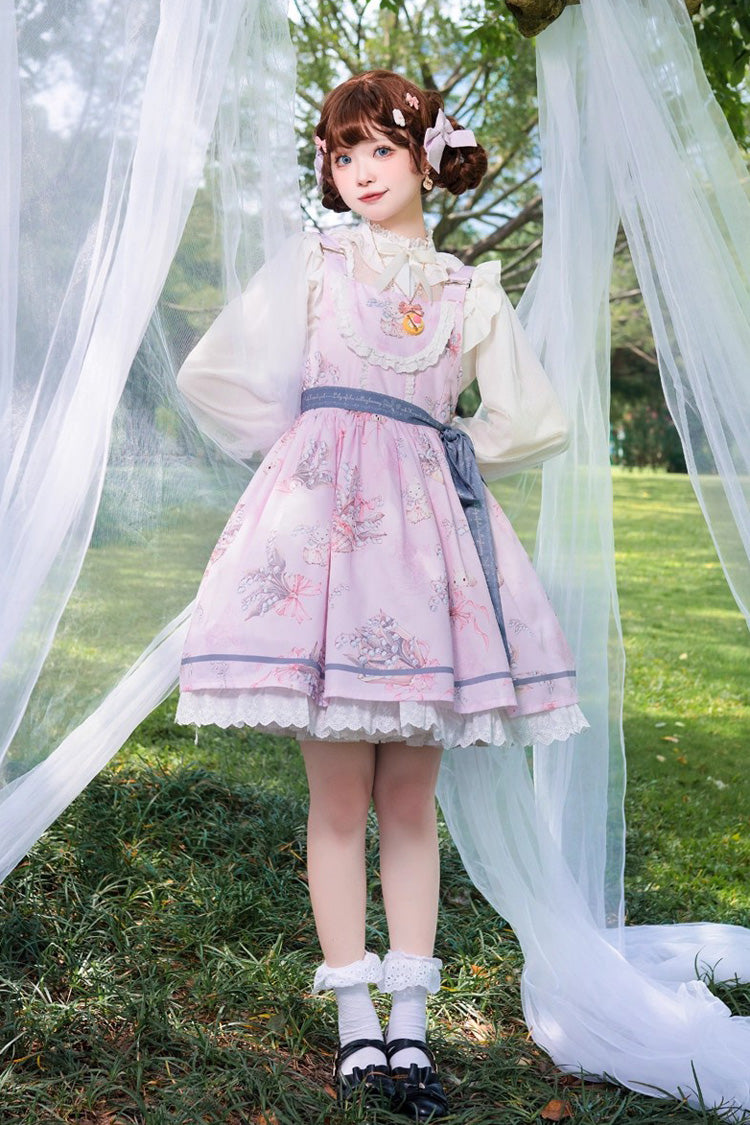 Sleeveless Print Ruffle Daily Sweet Lolita Strap Dress Pink