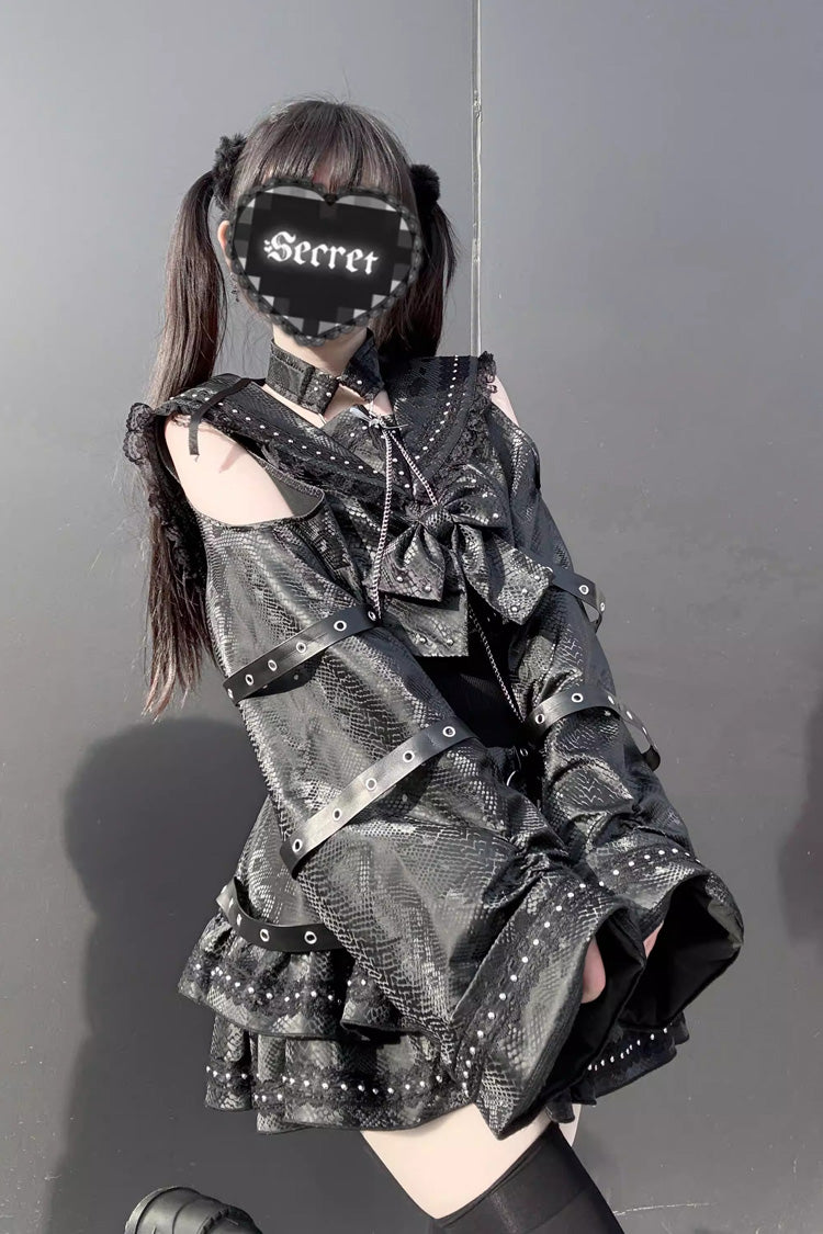 Serpent Navy Collar Snake Printed Studded Gothic Skirt Set
