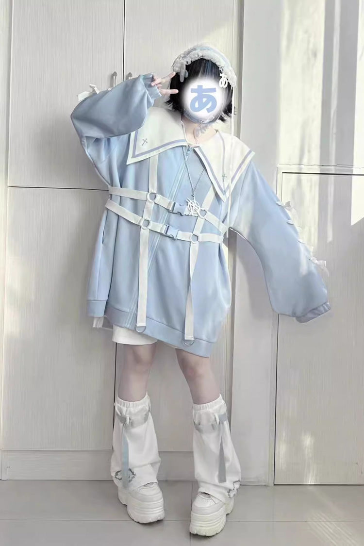 Sailor Collar Long Sleeve Cross Print Bow Coat - Jirai Kei
