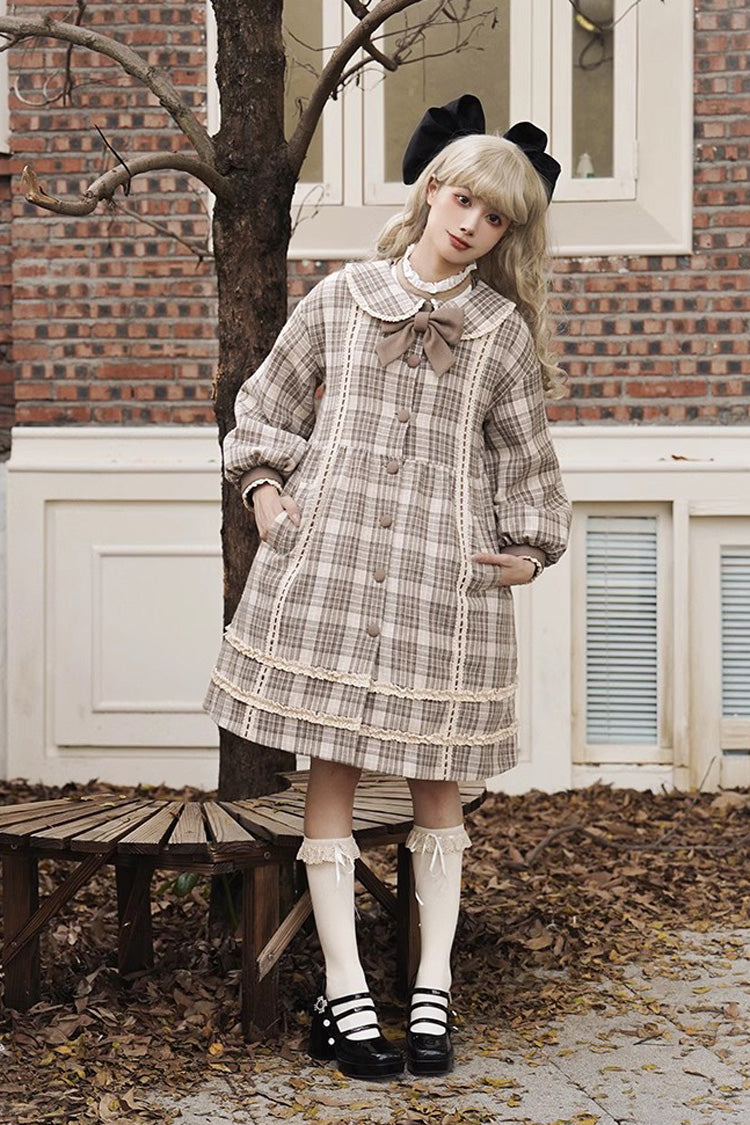 Light Brown Doll Collar Long Sleeve Multi-Layer Print Bowknot Sweet Lolita Coat