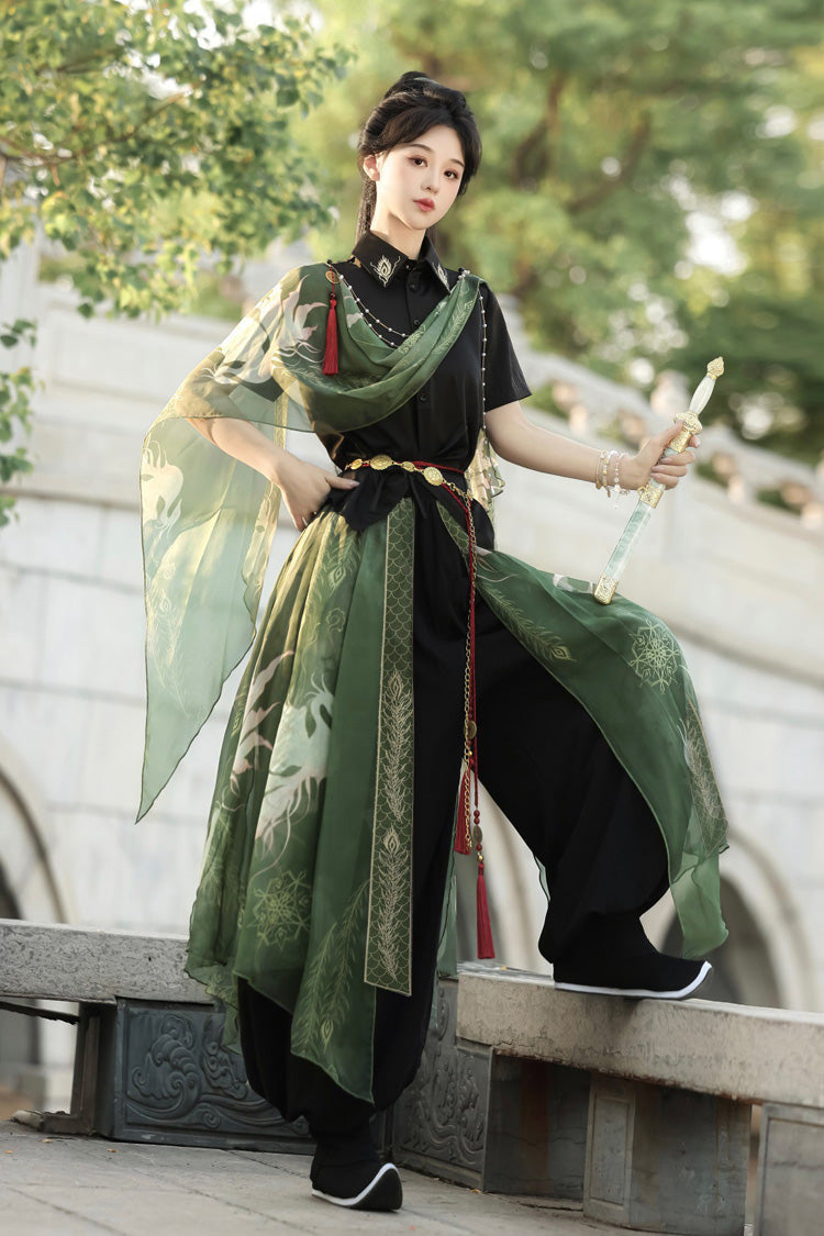 Embroidered Lapel Collar Short Sleeve Wuxia Hanfu Pants Set