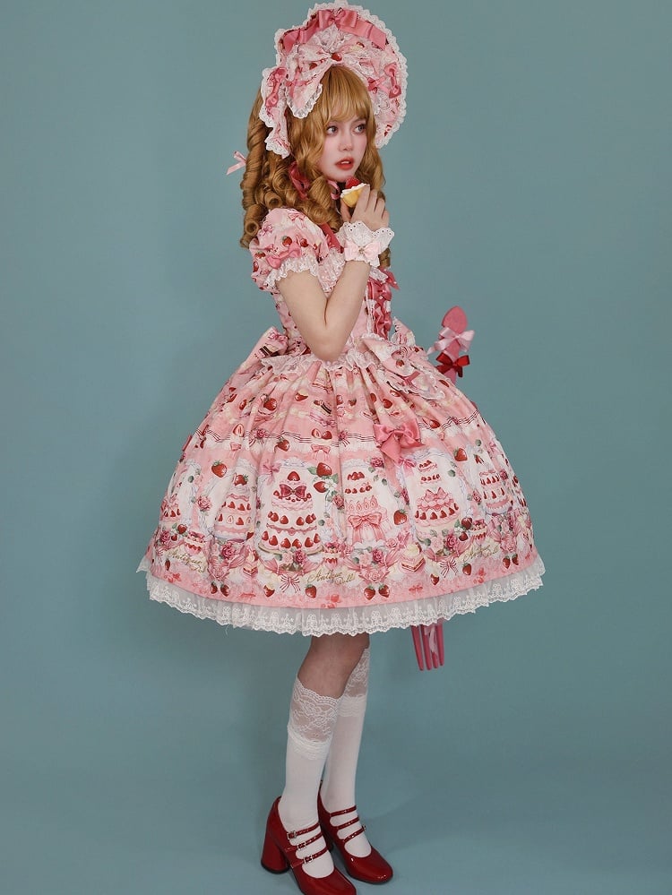 Bow Print Cake Set Sweet Strawberry / Pink Accents Full Lolita Dress