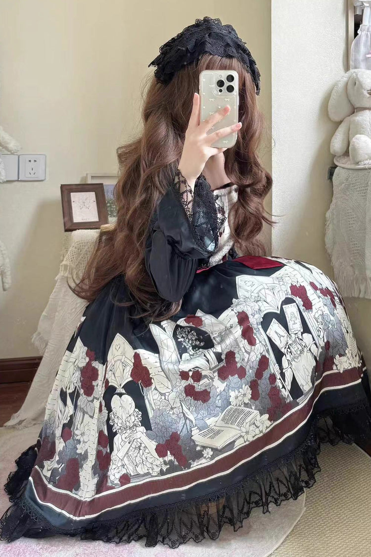 Black Print Bow Lace Gothic Lolita Dress - Two Versions