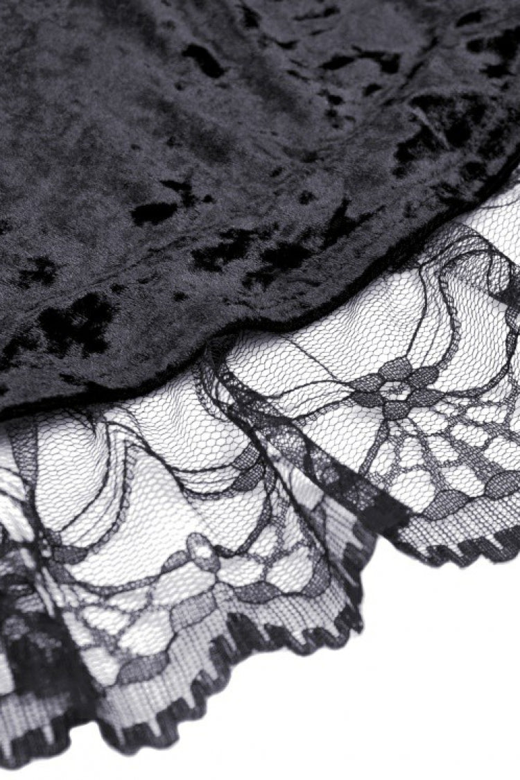 Onyx Velvet Gown with Puffed Sleeves and Asymmetric Lace Trim