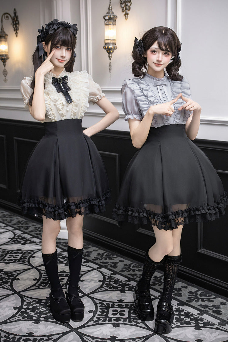 Miss Lola Snow Kiss Stand Collar Short Puff Sleeves Ruffled Color-Blocked Faux Two-Piece Sweet Lolita Dress 3 Colors - Black