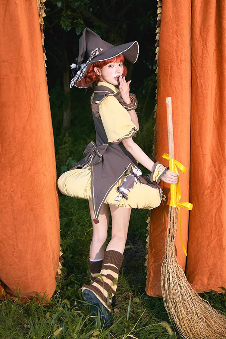 Brown/Yellow Witch and Paradise Short Sleeves Ruffle Bowknot Sweet Japanese Halloween Lolita Dress Vest Set