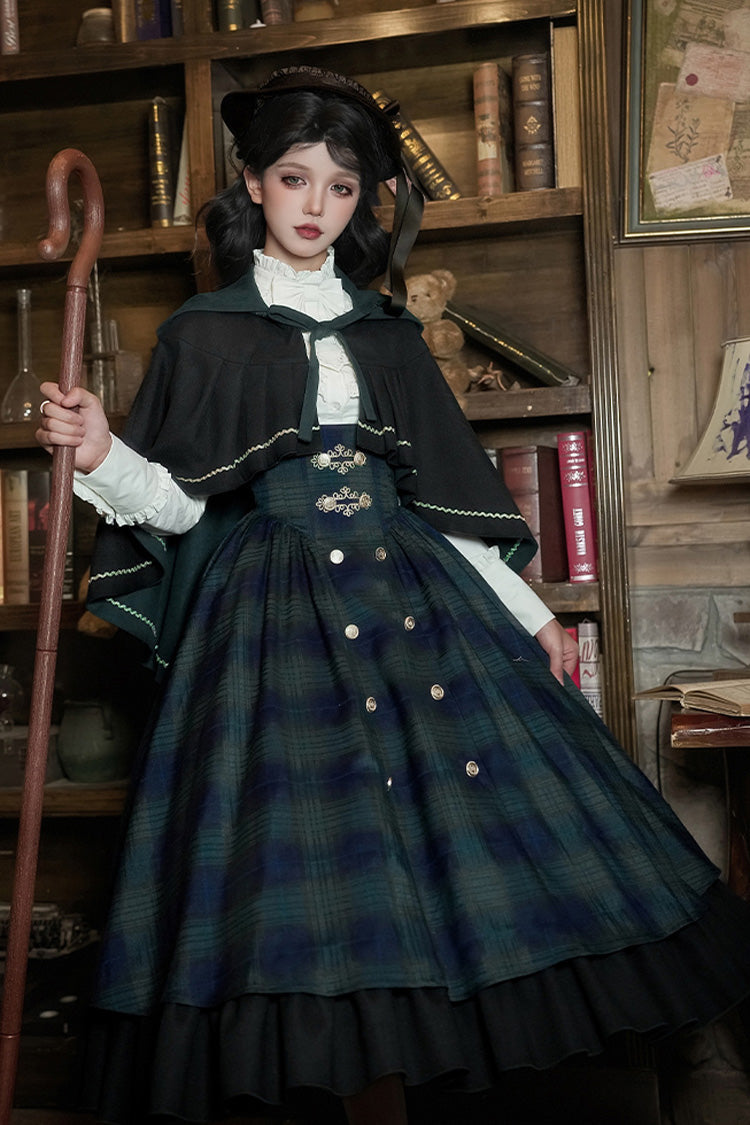 Blue Green Berlin Letter Double-Layered Plaid Print Ruffle Bowknot Classic College Style Lolita Strap Dress Set