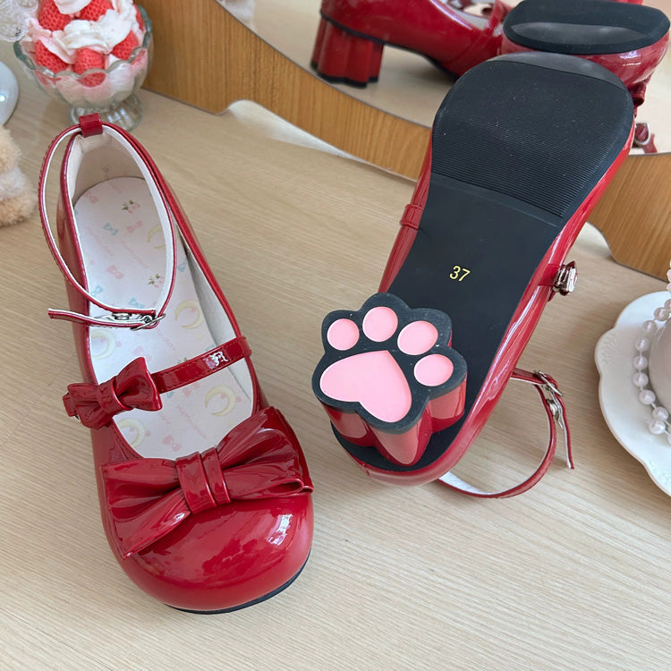 Cat Paw Heel Bow Mary Jane Shoes - Round Toe, 7 Shades