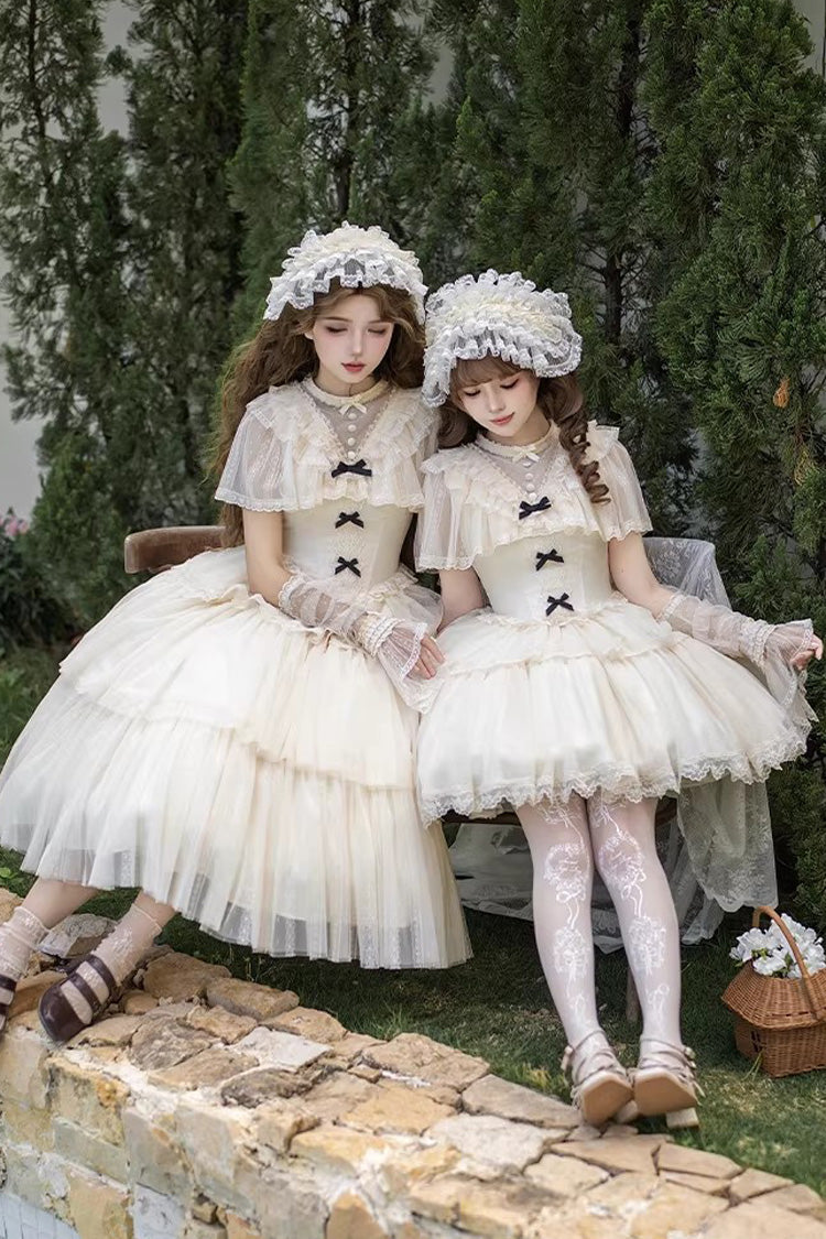 Elegant Sweet Lolita Dress with Edwardian Collar and Ruffled Bow - Ivory