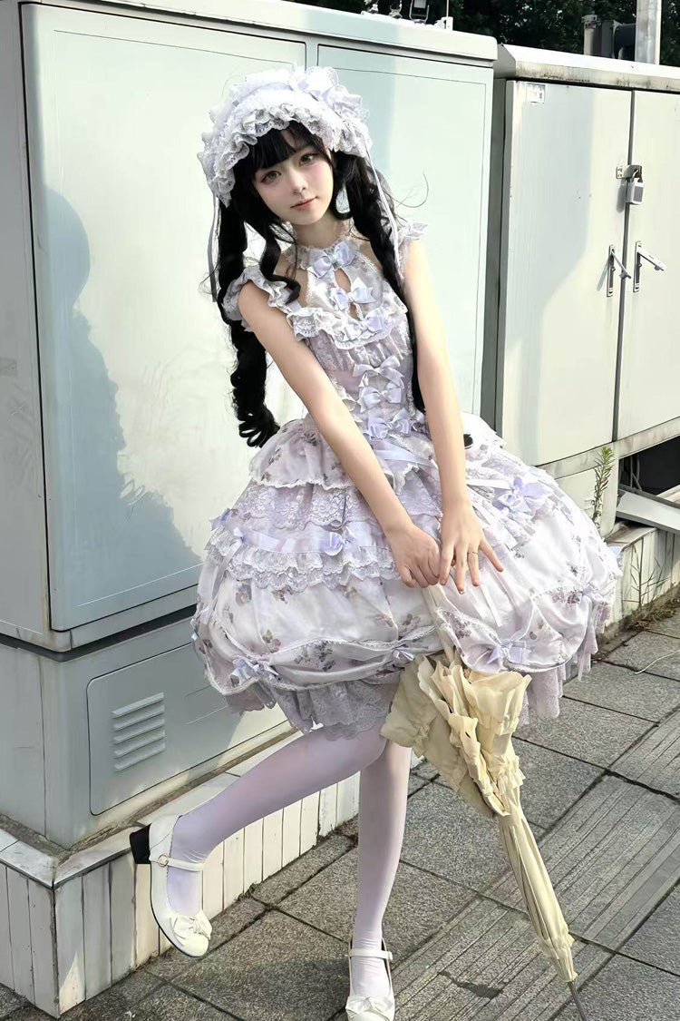 Purple Halterneck Sleeveless Printed Embroidered Bow Sweet Lolita Jsk Dress