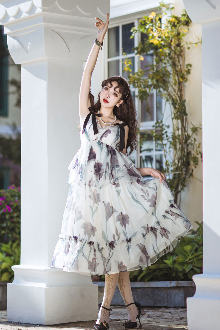 Ivory V-Neck Sleeveless Layered Bow Print Sweet Lolita JSK