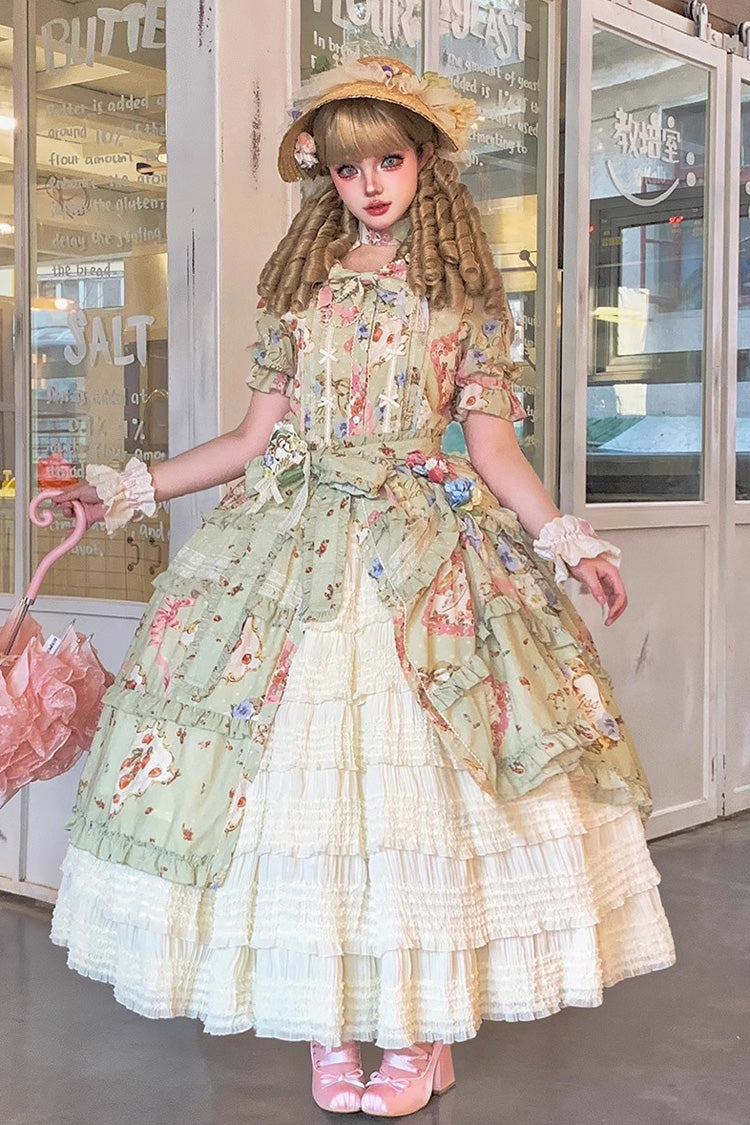 Green Short Sleeve Print Ruffle Cardigan Daily Sweet Dress