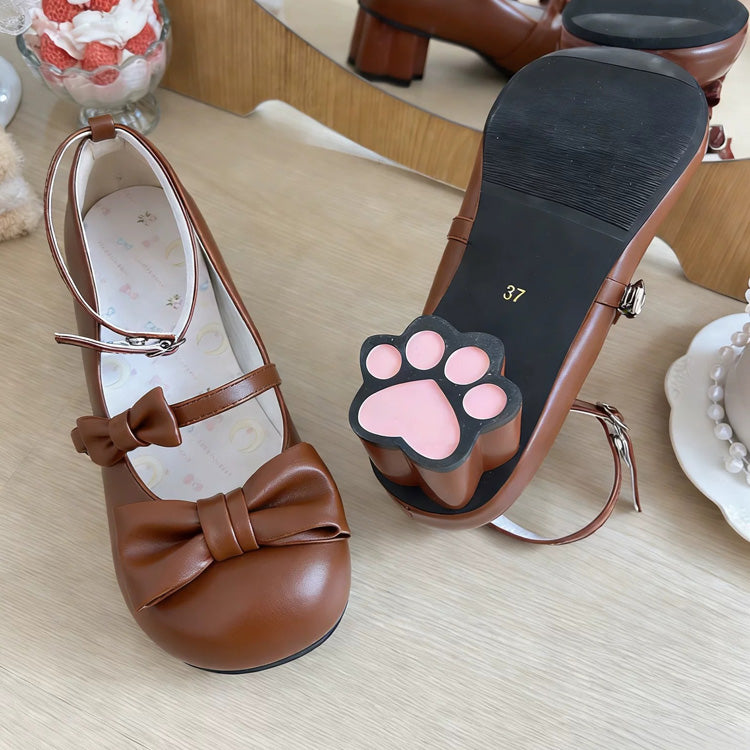 Cat Paw Heel Bow Mary Jane Shoes - Round Toe, 7 Shades