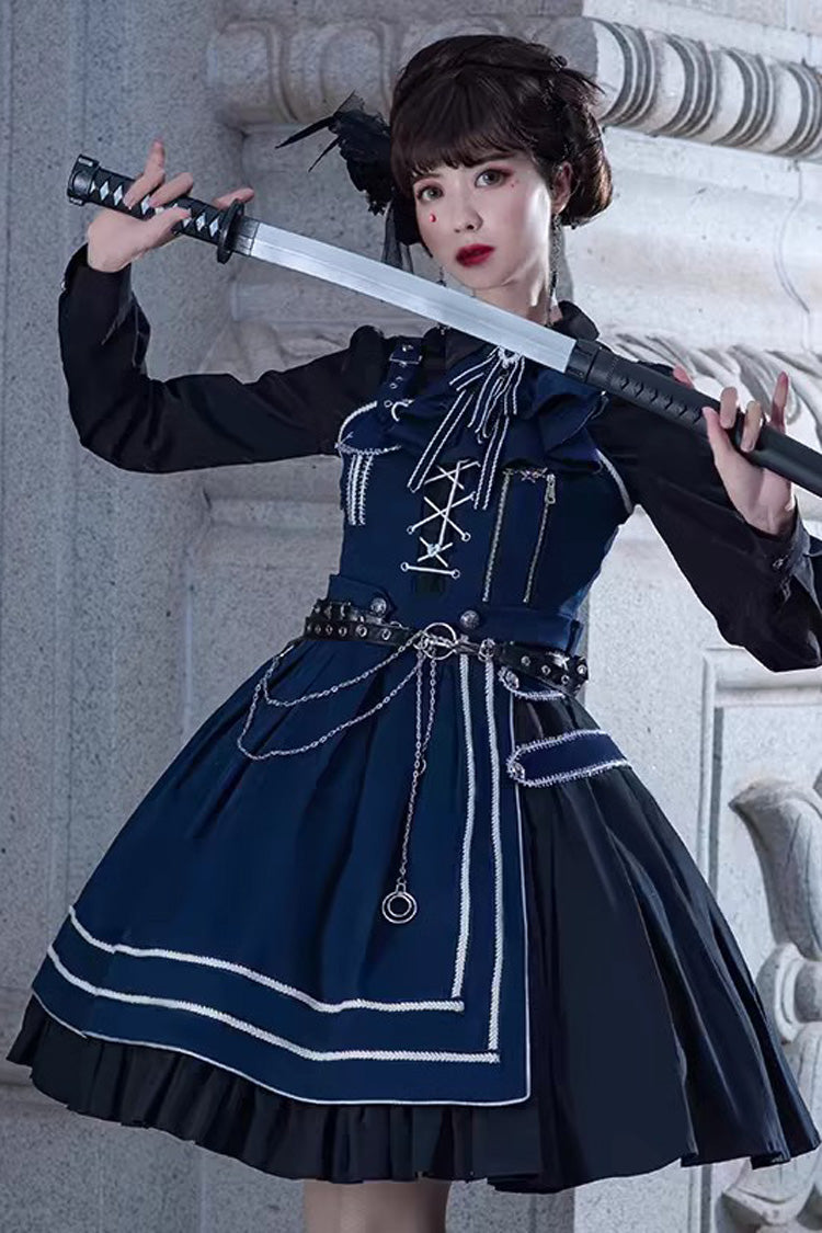 Indigo Lace-Up Military-Style Handsome Lolita Gown with Ruffles