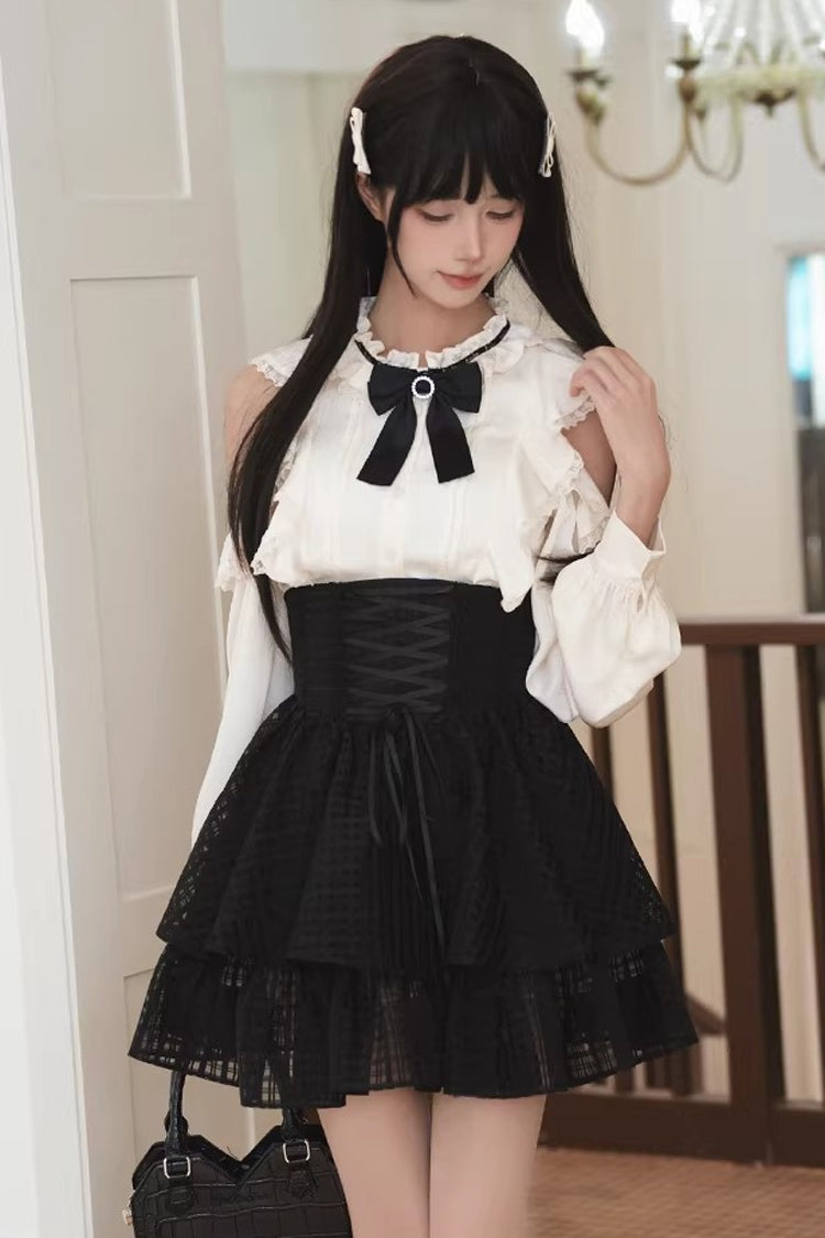 Black and White Round-Collar Cut-Out Bow Lace-Up Elegant Skirt Set