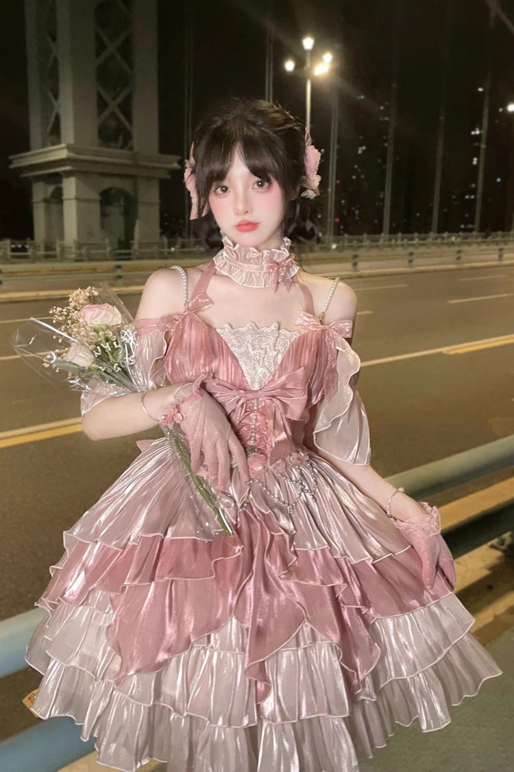 Pink Floral Layered Hanayome Sweet Lolita JSK with Bow