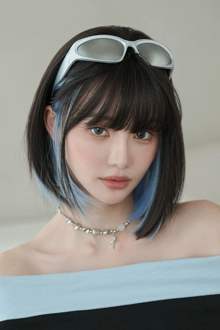 Sky Blue Black Highlight Natural Clavicle Bob Sweet Lolita Wig