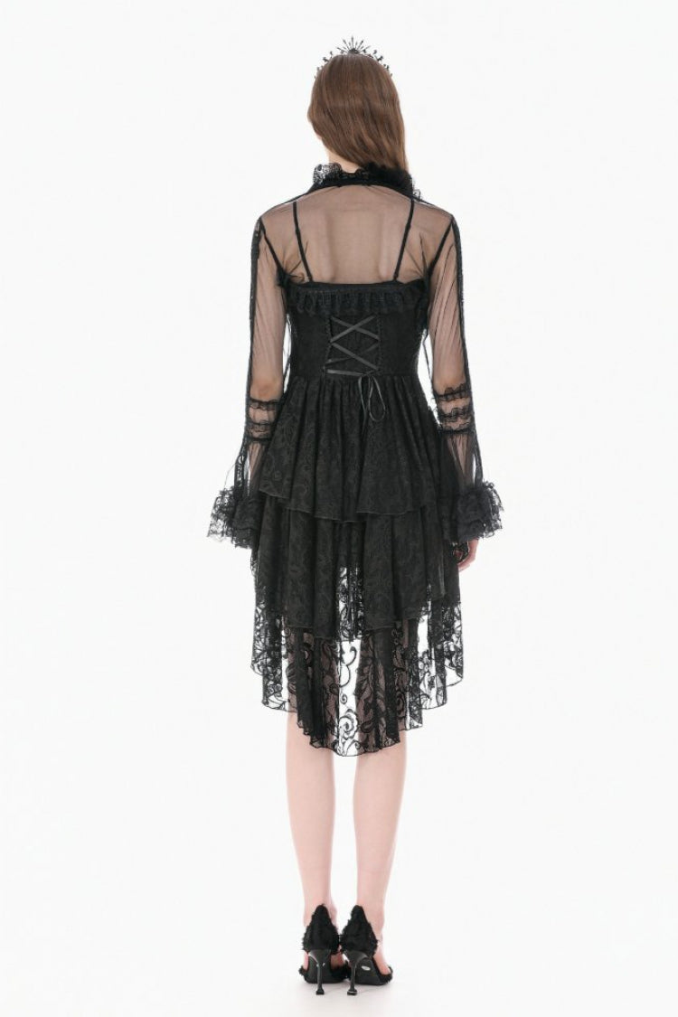 Gothic Sheer Mesh Black Lace High-Collar Flared Long-Sleeve Dramatic Cape