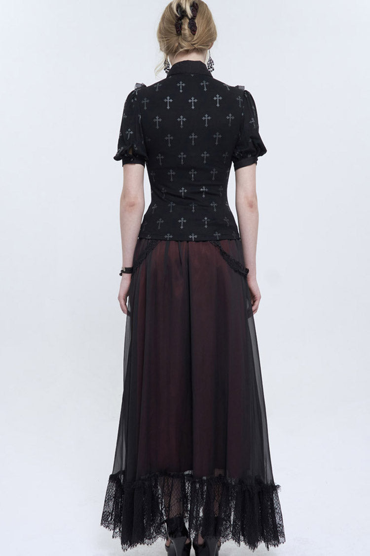 Punk Shirt with Cross Print Lace Collar Strap Pendant Chest Panel