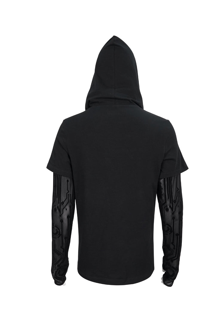 Mesh Paneled Hooded T-Shirt with Circuit Print for Men