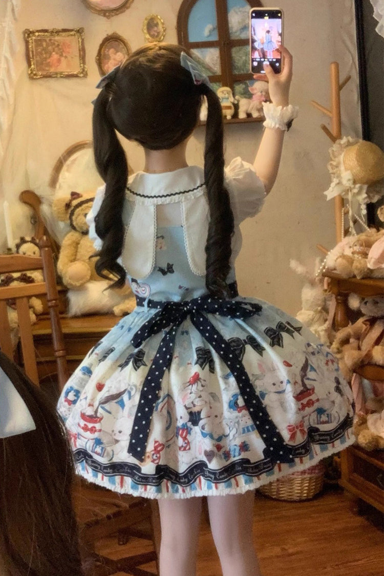 Sleeveless Print Bowknot Lace Sweet Lolita Strap Dress Blue